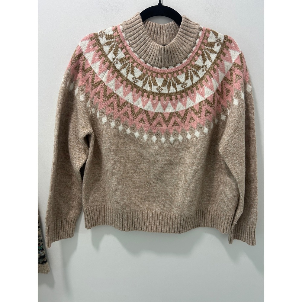 Tommy Hilfiger Womens Fair Isle Metallic Mock Neck Sweater Tan Pink Gold Large